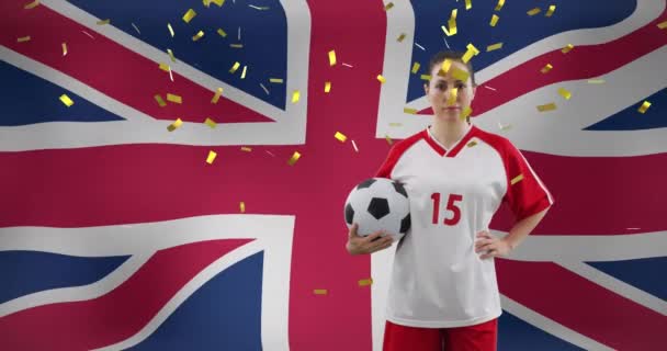 Ngiliz Bayrağı Üzerinde Beyaz Kadın Futbolcu Animasyonu Küresel Spor Vatanseverlik — Stok video