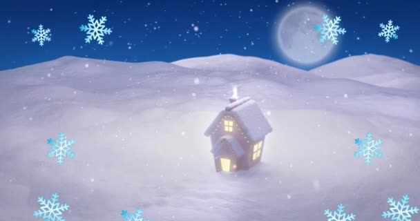 Animatie Van Volle Maan Sneeuw Huis Winter Landschap Kerst Festiviteit — Stockvideo