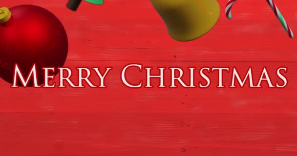 Animáció Karácsonyi Üdvözlet Szöveg Karácsonyi Dekorációk Piros Háttér Karácsonyi Ünnepi — Stock videók