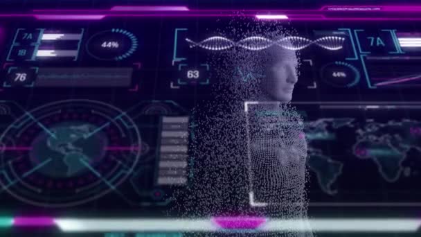 黒の背景でのデータ処理上のDna鎖とデジタル人間のアニメーション グローバルサイエンス コンピューティング デジタルインターフェースの概念デジタル生成されたビデオ — ストック動画
