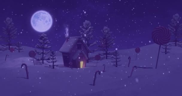 在冬季的风景中 圣诞祝福的动画在满月 白雪和房屋的上空呈现 圣诞节 庆祝和传统概念数字制作的录像 — 图库视频影像