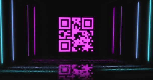 Κινούμενο Σχέδιο Του Σαρωτή Κώδικα Neon Που Τρεμοπαίζει Μαύρο Φόντο — Αρχείο Βίντεο