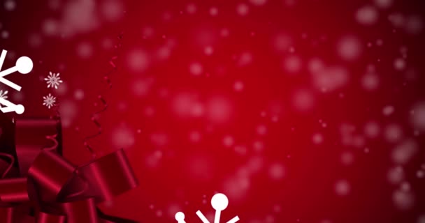 Animazione Natale Neve Che Cade Natale Presente Nastro Sfondo Rosso — Video Stock