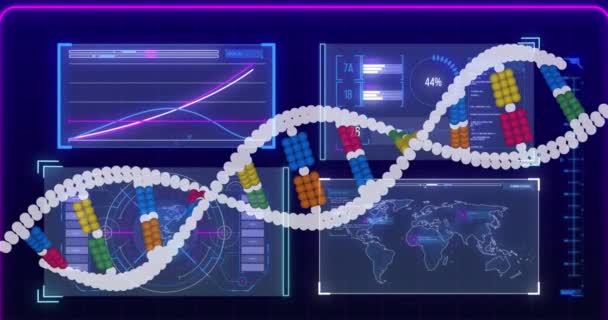 Animation Dna Strand Data Processing Black Background Global Science Computing — Stock Video