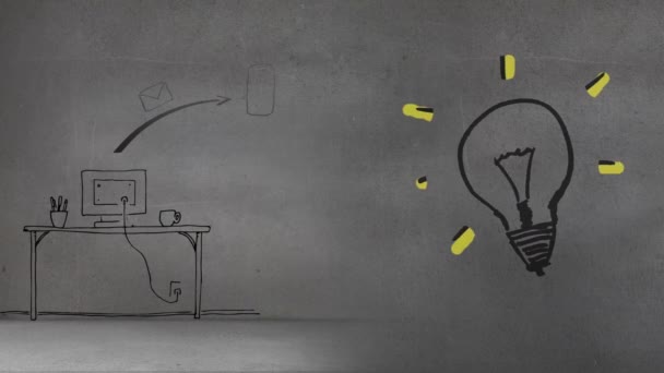 Анимация Лампочки Офиса Офисными Иконками Сером Фоне Глобальная Бизнес Концепция — стоковое видео