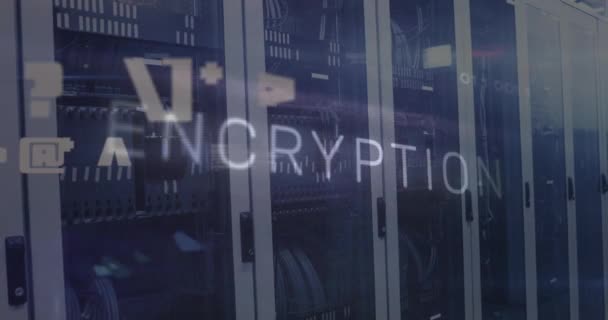 Animering Kryptering Text Symboler Och Kretskort Mönster Över Serverrummet Bakgrunden — Stockvideo