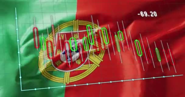 Animering Databehandling Över Portugisisk Flagg Global Patriotism Och Digitalt Gränssnitt — Stockvideo