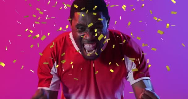 Animatie Van Afro Amerikaanse Mannelijke Voetballer Confetti Global Sport Digitale — Stockvideo