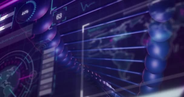 黒の背景でのデータ処理に対するDna鎖のアニメーション グローバルサイエンス コンピューティング デジタルインターフェースの概念デジタル生成されたビデオ — ストック動画
