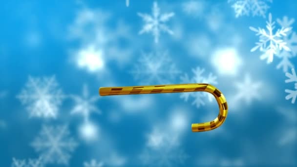 Animace Vánoční Zlaté Cukrové Třtiny Sněhové Vločky Padající Modré Pozadí — Stock video