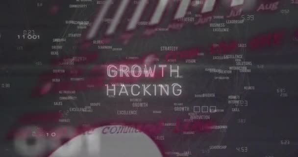 动画的成长黑客攻击文字 信息界面 多个字在地球上的黑色背景 数字生成的全息图 全球化 金融和技术概念 — 图库视频影像