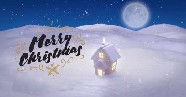 Animatie Van Kerstgroeten Tekst Bij Volle Maan Sneeuw Huis Winter — Stockvideo