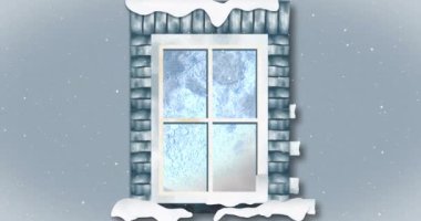 Noel kış manzarası animasyonu ve pencereden görülen kızaktaki Noel Baba. Noel, gelenek, kutlama ve şenlik kavramı dijital olarak oluşturuldu.