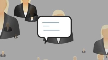 Gri arka planda iş kadını ikonu üzerine konuşma baloncuklarının canlandırılması. Küresel iş, sosyal medya ve dijital arayüz kavramı dijital olarak oluşturulmuş video.