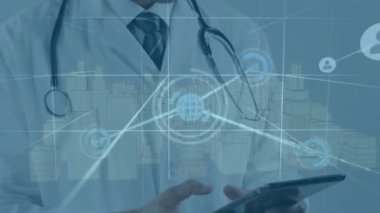 Kafkasyalı iki doktor arasındaki bağlantı ağının animasyonu. Küresel tıp kavramı dijital video oluşturuldu.