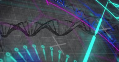 Dna iplikçiklerinin üzerinde mikroskop taraması. Küresel bilim ve dijital arayüz kavramı dijital olarak oluşturulmuş video.