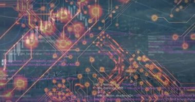 Arka plandaki programlama dili üzerinde devre kartı dokusu ve grafiği animasyonu. Dijital olarak oluşturulmuş, hologram, kodlama, makine öğrenme, rapor, finans, iş ve teknoloji kavramı.