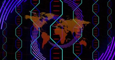 Dünya haritasında dönen soyut şekillerin ve ışık yollarının canlandırılması. Küresel ağ ve iş teknolojisi kavramı