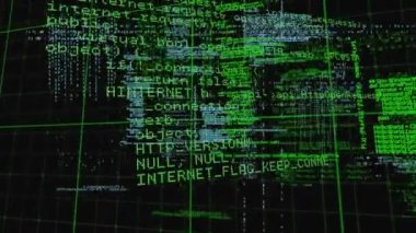 Siyah arkaplan üzerinde mavi ve yeşil renkli programlama dili üzerinde ızgara deseni animasyonu. Dijital olarak üretilmiş, hologram, kodlama, makine öğrenme ve teknoloji kavramı,