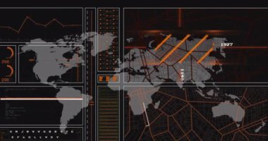 Arka plandaki haritayla navigasyon deseni üzerinde soyut şablonun animasyonu. Dijital olarak üretilmiş, hologram, küresel, konum, aydınlatılmış, küresel konumlandırma sistemi ve teknoloji kavramı.