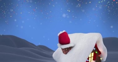 Konfeti animasyonu, evle birlikte kış manzarasının üzerine düşüyor. Noel, şenlik, kutlama ve gelenek konsepti dijital olarak oluşturuldu.