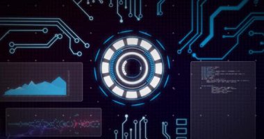 Siyah arkaplanda anakart üzerinde dairesel tarayıcı ve işlem verilerinin animasyonu. Veri, küresel iletişim ve dijital arayüz kavramı dijital olarak oluşturulmuş video.