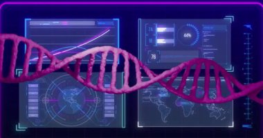 Siyah arka plandaki veri işleme üzerindeki DNA iplikçiklerinin animasyonu. Küresel bilim, bilgisayar ve dijital arayüz kavramı dijital olarak oluşturulmuş video.