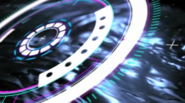 Kapsam taraması ve mavi sıvı üzerinde veri işleme animasyonu. Küresel hesaplama, dijital arayüz ve veri işleme kavramı dijital olarak oluşturulmuş video.