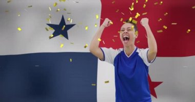 Panama bayrağı üzerinde çift ırklı kadın futbolcunun canlandırması. Küresel spor, vatanseverlik ve dijital arayüz kavramı dijital olarak üretilen video.