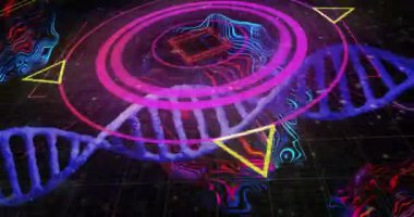 Dna iplikçiklerinin üzerinde mikroskop taraması. Küresel bilim ve dijital arayüz kavramı dijital olarak oluşturulmuş video.