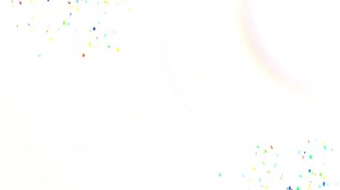 Beyaz arka planda hareket eden renkli konfetilerin ve uçan merceğin canlandırılması. Dijital olarak üretilmiş, hologram, çok renkli, aydınlık, aydınlık, soyut ve kutlama konsepti.