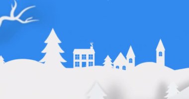 Mavi arka planda evleri ve dekorasyonları olan Noel kış manzarasının animasyonu. Noel, şenlik, kutlama ve gelenek konsepti dijital olarak oluşturuldu.