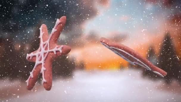Kar Tanelerinin Düşüşü Kış Manzarası Üzerine Zencefilli Kurabiye Animasyonu Noel — Stok video