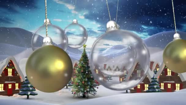 Анимация Рождественских Безделушек Висящих Над Снегом Падающим Фоне Зимних Пейзажей — стоковое видео