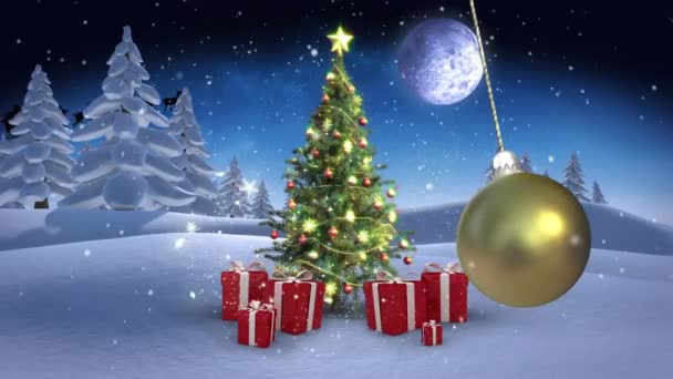 Animace Vánoční Cetky Visící Nad Santa Clausem Saních Padání Sněhu — Stock video