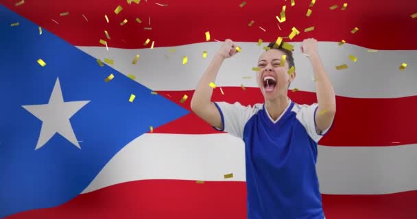 Animation Footballeur Féminin Biracial Sur Drapeau Porto Rico Sport Mondial — Video