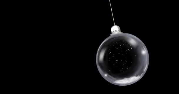 Animation Christmas Bauble Dangling Snow Falling Black Background Christmas Festivity — Stock Video