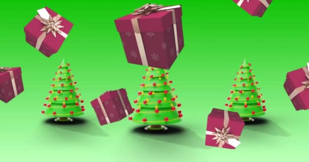 Animacja Prezentów Nad Choinkami Zielonym Tle Boże Narodzenie Tradycja Koncepcja — Wideo stockowe