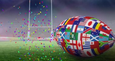 Stadyumun üzerinde ulusal bayraklı ragbi topu animasyonu. Küresel spor ve dijital arayüz kavramı dijital olarak oluşturulmuş video.