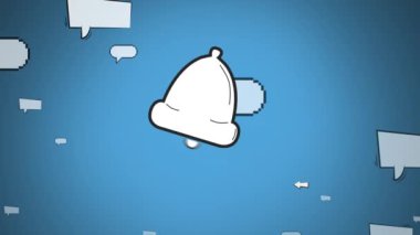 Mavi arkaplandaki konuşma baloncuklarının üzerinde çan simgesi canlandırması. Küresel iş, sosyal medya ve dijital arayüz kavramı dijital olarak oluşturulmuş video.