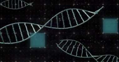 DNA iplikçiklerinin üzerindeki şekillerin animasyonu. Küresel bilim ve dijital arayüz kavramı dijital olarak oluşturulmuş video.