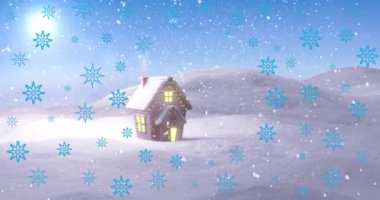 Kar yağışının animasyonu ve kış manzarasında ev. Noel, şenlik, kutlama ve gelenek konsepti dijital olarak oluşturuldu.