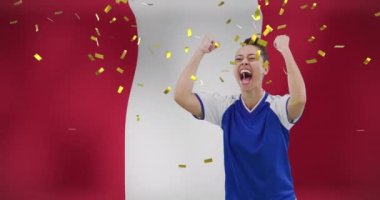 Peru bayrağı üzerindeki çift ırklı kadın futbolcunun animasyonu. Küresel spor, vatanseverlik ve dijital arayüz kavramı dijital olarak üretilen video.