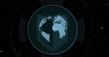 Kapsam taraması ve siyah arkaplanda dünya animasyonu. Dijital olarak oluşturulan küresel finansman, bilgisayar ve dijital arayüz kavramı.