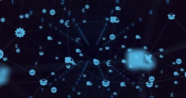 Simgeler üzerinde tarama ve veri işleme alanlarının animasyonu. Küresel hesaplama, dijital arayüz ve veri işleme kavramı dijital olarak oluşturulmuş video.