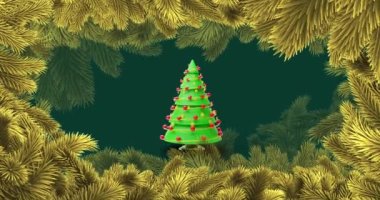 Yeşil arka planda köknar dallarıyla dönen Noel ağacı animasyonu. Noel, şenlik, kutlama ve gelenek konsepti dijital olarak oluşturuldu.
