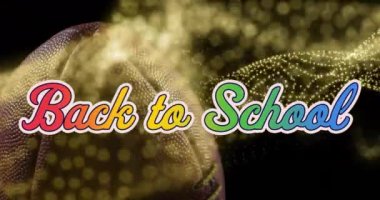 Rugby topu oluşturan noktaların üzerinden okula dönüş metninin animasyonu, rugby topuna karşı soyut desen. Dijital bileşik, çoklu pozlama, aydınlanma, spor, rekabet, eğitim, okul kavramı.