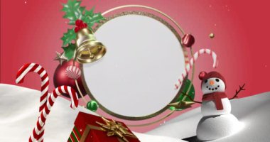 Kar yağışının animasyonu ve kırmızı zemin üzerinde fotokopi alanı olan çemberin üzerindeki Noel süslemeleri. Noel, gelenek ve kutlama konsepti dijital olarak oluşturuldu.