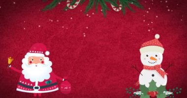 Kırmızı arkaplana düşen noel tabelası, dekorasyon ve kar. Noel, kış, şenlik, gelenek ve dijital olarak üretilen video konsepti.