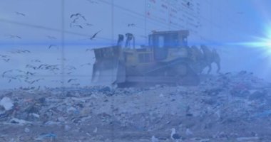 Ticaret panosunun animasyonu, mercek fişeği, çöplüğü yerle bir eden makinelerin grafiği. Dijital bileşik, çoklu pozlama, çöplük doldurma, rapor, finans, yatırım ve borsa kavramı.